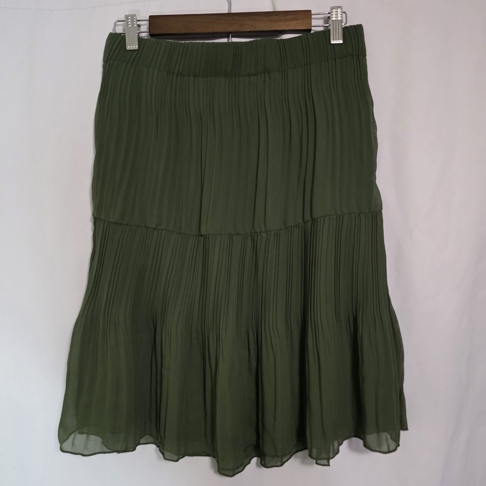 Olive Green Pleated Tiered Midi Skirt Boho Cottagecore Soft Girl Earthy - Picture 6 of 6